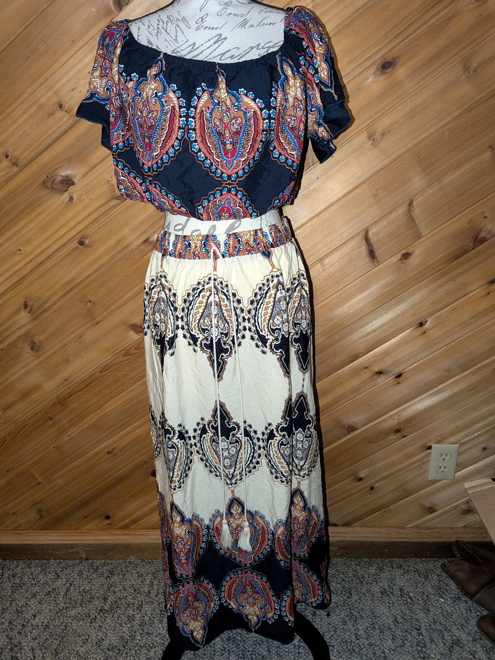 SHEIN Paisley Print Two-Piece Maxi Skirt Set - Navy & Cream